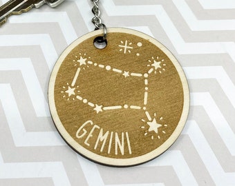 Personalized Gemini keychain, Wooden keychain, horoscope, personalized gift, space, sister gift, gift friend, gemini astrology ring, #130