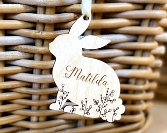 Easter bunny name tag, Personalized Easter basket tags, floral bunny basket tag, Easter decoration with custom name, Easter gift #160