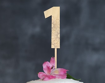 Number 1 Cake Topper with Flower Details, First Birthday Cake Topper, 1st Birthday Cake Decorations, Floral Cake Topper