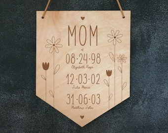 Custom Name and Birthday Wooden Wall Banner,  Personalized Wooden Plaque, Mother's Day Gift