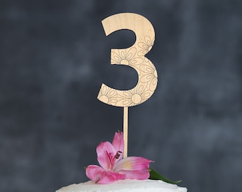 Number 3 Cake Topper With flowers, Number Three Birthday Cake Topper, Third Birthday Party Decorations, 3rd Birthday Cake Topper