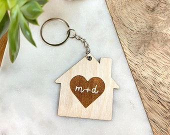 Personalized heart charm keychain, heart key ring, couples gift, valentines day, wood 5th anniversary gift, housewarming gift, #140, #141