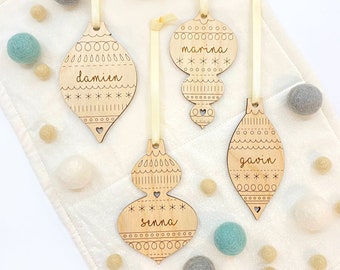 4 pack Personalised Christmas Tree Ornament gift set,  Custom Name Wood Tree Decorations, hygge Christmas baubles, #121