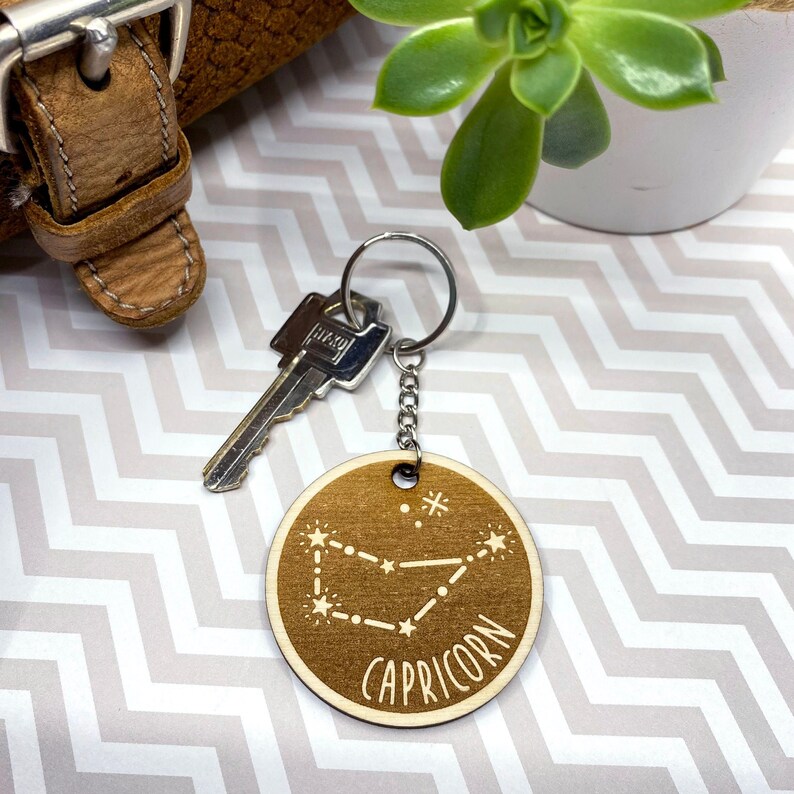 Personalized Capricorn keychain, wooden zodiac keychain, thoughtful personalised gift, horoscope key ring, mothers day gift, 130 image 1