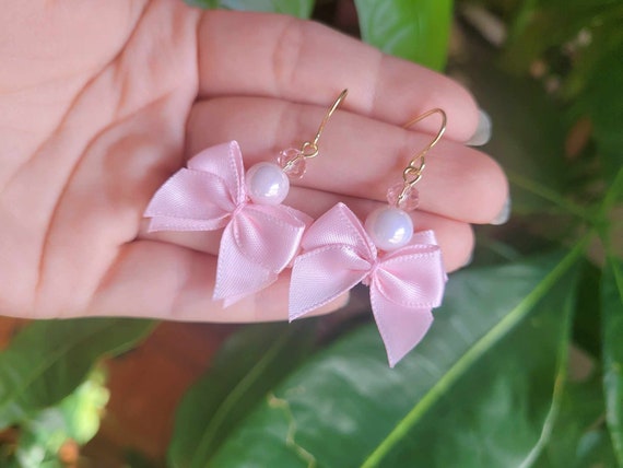 Cute Pink Bow Earrings , Kawaii Jewelry , Cute Jewelry - 14k gold plated