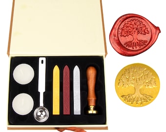 Wax Seal Stamp Kit-Wax Seal Kit With Gold,Silver and Red Wax Sticks,Tree Of Life Wax Stamp,Wax Seal Spoon & Two Tealight Candles In Gift Box