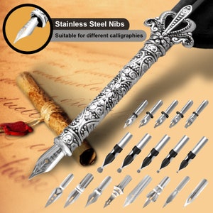 Personalized Feather Quill Pen Set — 18 Nibs, Ink, Engraved Stand — Calligraphy Gift Set, Writer Gift + Gold Foil Note Card bild 9