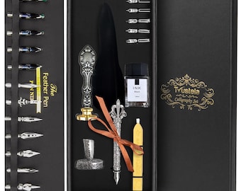 Calligraphy Feather Quill Dip Pen Set With 18 Nibs and Ink ,  Antique Quill Pen Gift Set