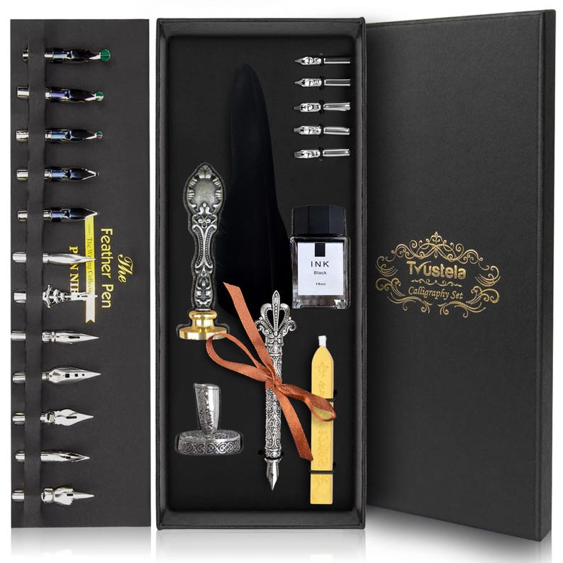 Personalized Feather Quill Pen Set — 18 Nibs, Ink, Engraved Stand — Calligraphy Gift Set, Writer Gift + Gold Foil Note Card bild 2