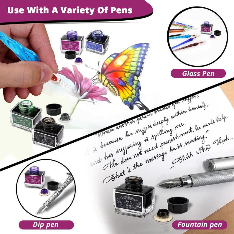 Calligraphy Ink Set, Calligraphy Pen Set Ink, Dip Pen ink, Glass Dip Pen Ink, Quill Pen Ink, Feather Pen Ink, Wooden Dip Pen Ink, Ink Set image 3