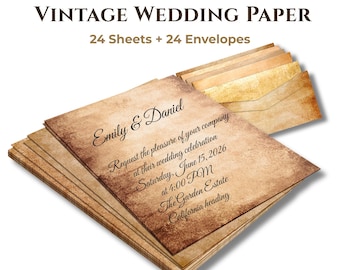 Vintage Wedding Invitation Paper Set with Envelopes, Antique Calligraphy Paper, Rustic Stationery for Invitations (Set of 24)