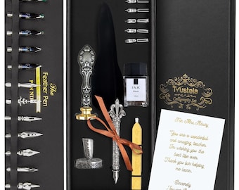 May include: A black calligraphy set in a black box. The set includes a black feather pen, ink, nibs, a wax seal, and a decorative pen holder. The box also contains a card with gold text that reads "For Mrs. Albury".