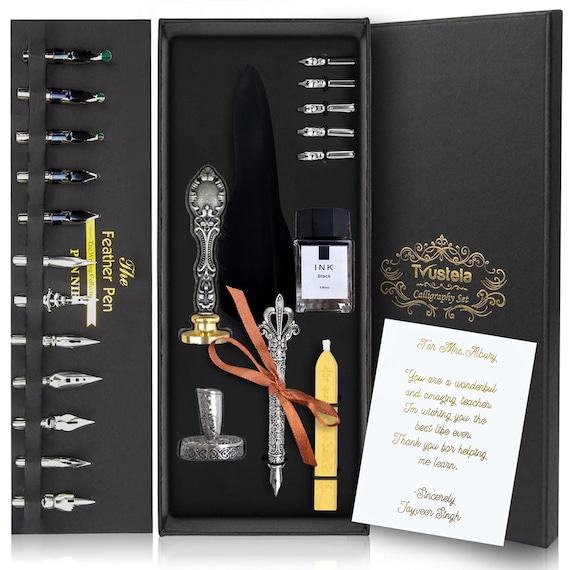 Personalized Feather Quill Pen Set — 18 Nibs, Ink, Engraved Stand — Calligraphy Gift Set, Writer Gift + Gold Foil Note Card