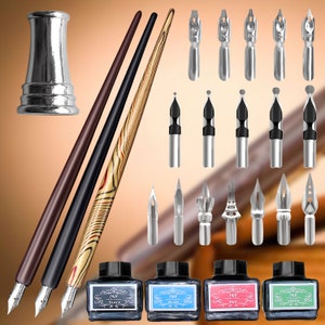 May include: A collection of calligraphy supplies, including ink bottles labeled "Black", "Blue", "Red", and "Green". The image also features various pen nibs and three wooden pen holders in brown, black, and a wood grain pattern.
