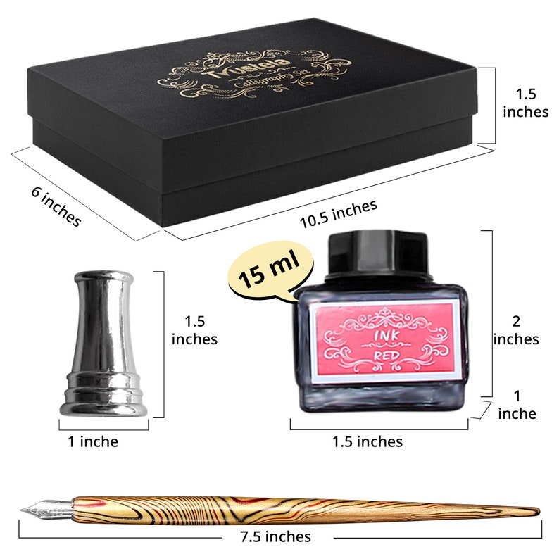 May include: A calligraphy set includes a black box with gold lettering, a silver pen holder, a red ink bottle, and a wooden pen. The box is 10.5 inches long, 6 inches wide, and 1.5 inches high. The ink bottle is 2 inches high and contains 15 ml of red ink.