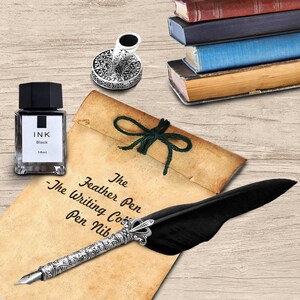 Personalized Feather Quill Pen Set — 18 Nibs, Ink, Engraved Stand — Calligraphy Gift Set, Writer Gift + Gold Foil Note Card bild 10