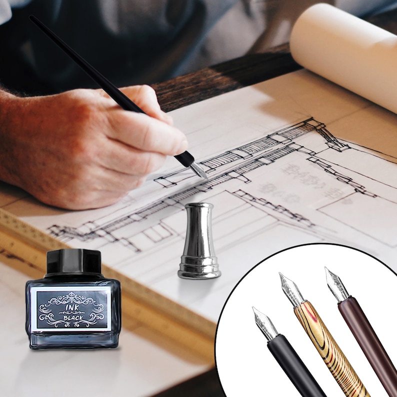 May include: An ink bottle labeled "INK BLACK" sits next to a silver pen holder and a drawing. A hand holds a black pen, sketching on the blueprint. Three fountain pens with different colored handles are in the lower right corner.