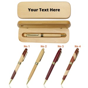 May include: A wooden pen set with a light-colored wooden pen and case. The case is open, revealing the pen inside. Below are four additional pens with different wood and design variations. The text "Your Text Here" is printed on the case.