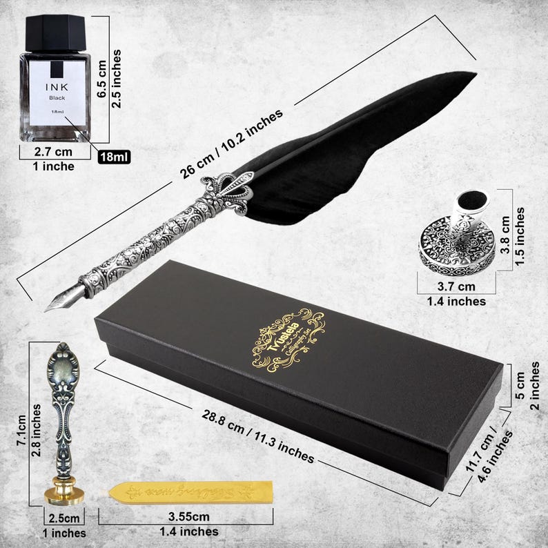 Personalized Feather Quill Pen Set — 18 Nibs, Ink, Engraved Stand — Calligraphy Gift Set, Writer Gift + Gold Foil Note Card bild 7