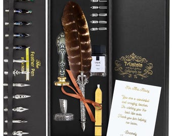 Personalized Calligraphy Pen Set With Gold Foil Note, Quill And Ink Set, Quill Pen And Ink Set, Natural Feather Pen, Feather Pen And Ink Set