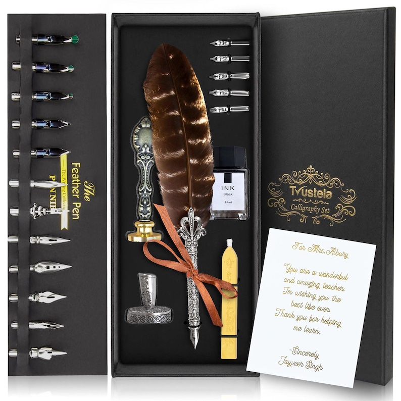 Personalized Calligraphy Pen Set With Gold Foil Note, Quill and Ink Set ...
