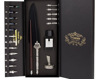 Antique Feather Quill Pen Set - Calligraphy Dip Pen With 5 Nibs, Ink & Notebook (Black)