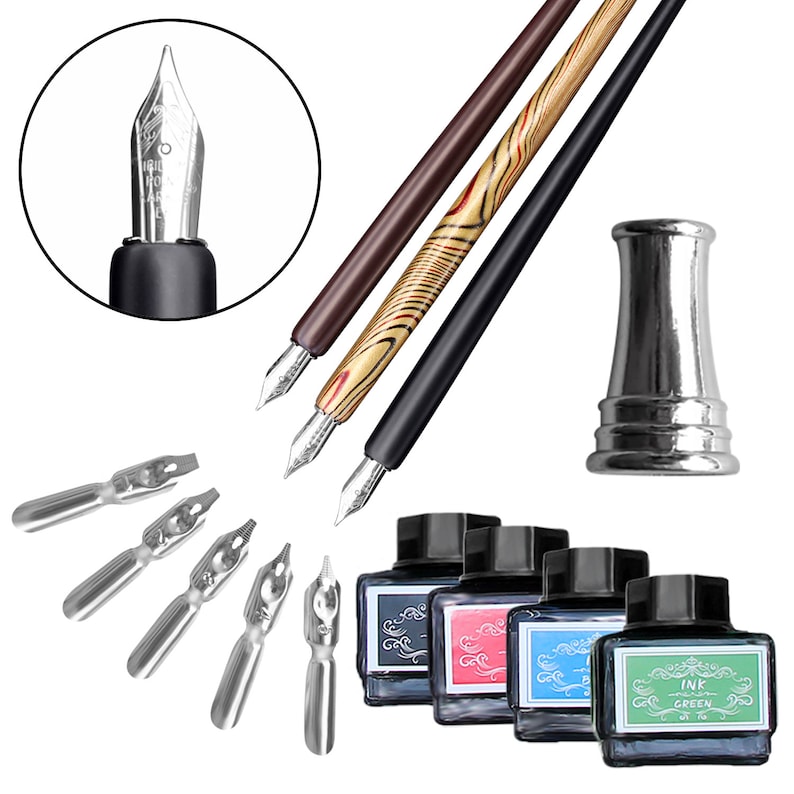 May include: A calligraphy set featuring three dip pens with different handle designs, a silver inkwell, several nibs, and four ink bottles in blue, pink, blue, and green. A close-up shows a pen nib.