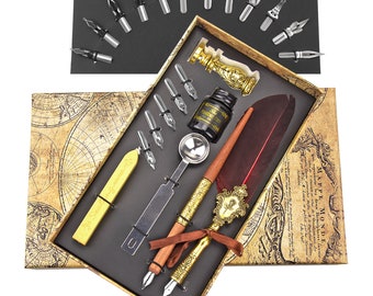 Trustela's Quill And Ink Wax Stamp Set - Wooden Pen, Feather Pen Antique, Dip Pen Stand/Seal, Nibs, Wax, Spoon And Ink Well In A Gift Box