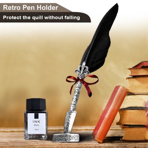Personalized Feather Quill Pen Set — 18 Nibs, Ink, Engraved Stand — Calligraphy Gift Set, Writer Gift + Gold Foil Note Card bild 6