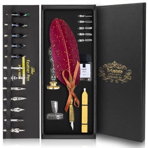 Trustela's Quill Pen And Ink Set - Includes Feather Pen Antique,  Dip Pen Stand, Calligraphy Nibs And Black Ink Well In A Gift Box