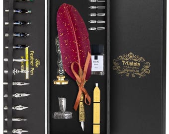 Trustela's Quill Pen And Ink Set - Includes Feather Pen Antique,  Dip Pen Stand, Calligraphy Nibs And Black Ink Well In A Gift Box