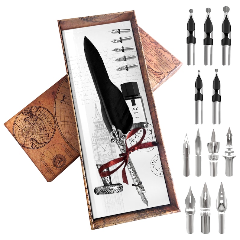 Calligraphy Set For Beginners, Calligraphy Pen Set, Calligraphy Kit, feather pen, quill pen, quill and ink set, feather pen and ink BlackFeather