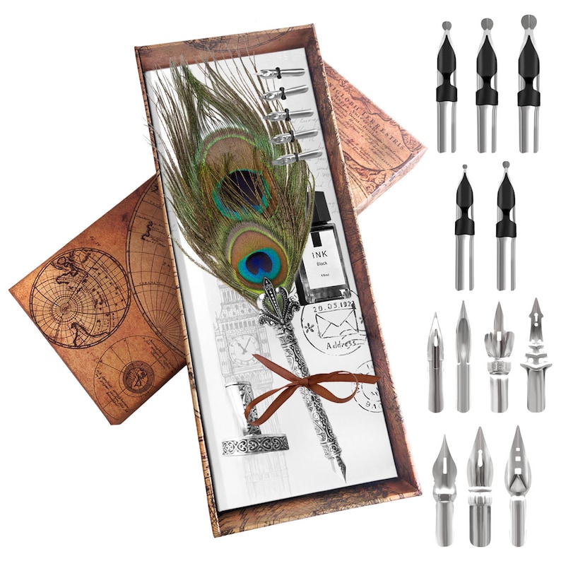 Calligraphy Set For Beginners, Calligraphy Pen Set, Calligraphy Kit, feather pen, quill pen, quill and ink set, feather pen and ink PeacockFeather
