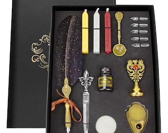 Quill And Ink Wax Stamp Set - Feather Pen Antique, Wax Stamp, Wax, Candle, Spoon, Letter Opener, Dip Pen Stand, Nibs & Ink Well In Gift Box