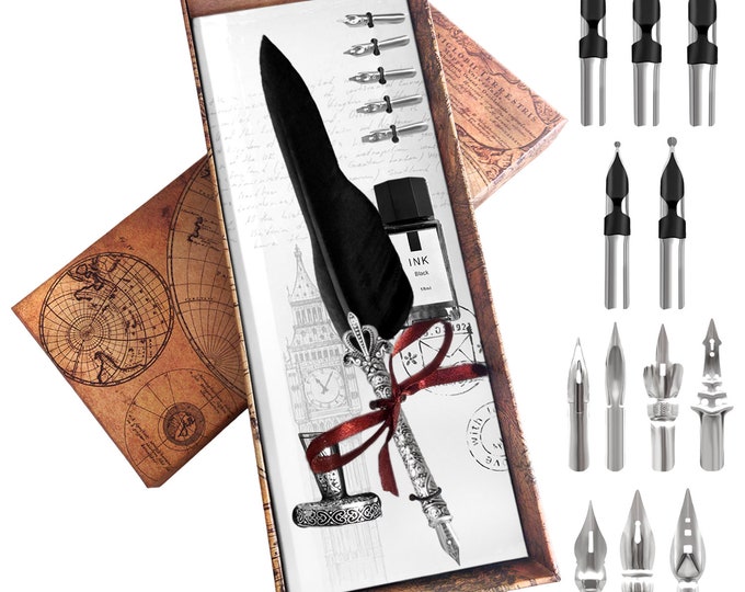 Calligraphy Feather Quill Dip Pen Set With 18 Nibs and Ink , Antique