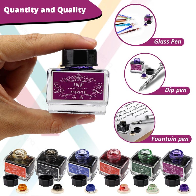 Calligraphy Ink Set, Calligraphy Pen Set Ink, Dip Pen ink, Glass Dip Pen Ink, Quill Pen Ink, Feather Pen Ink, Wooden Dip Pen Ink, Ink Set image 2