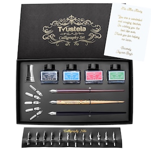 Personalized Calligraphy Set for Beginners — 3 Pens, 20 Nibs, 4 Ink Colors, Pen Holder — Dip Pen Gift Set, Writer Gift, Gold Foil Note Card