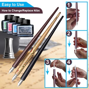 May include: An image showcasing calligraphy pens with ink bottles. The pens have brown, black, and wood-grain handles. The image includes instructions on how to change nibs. The ink bottles are black with labels and come in green, pink, and blue.
