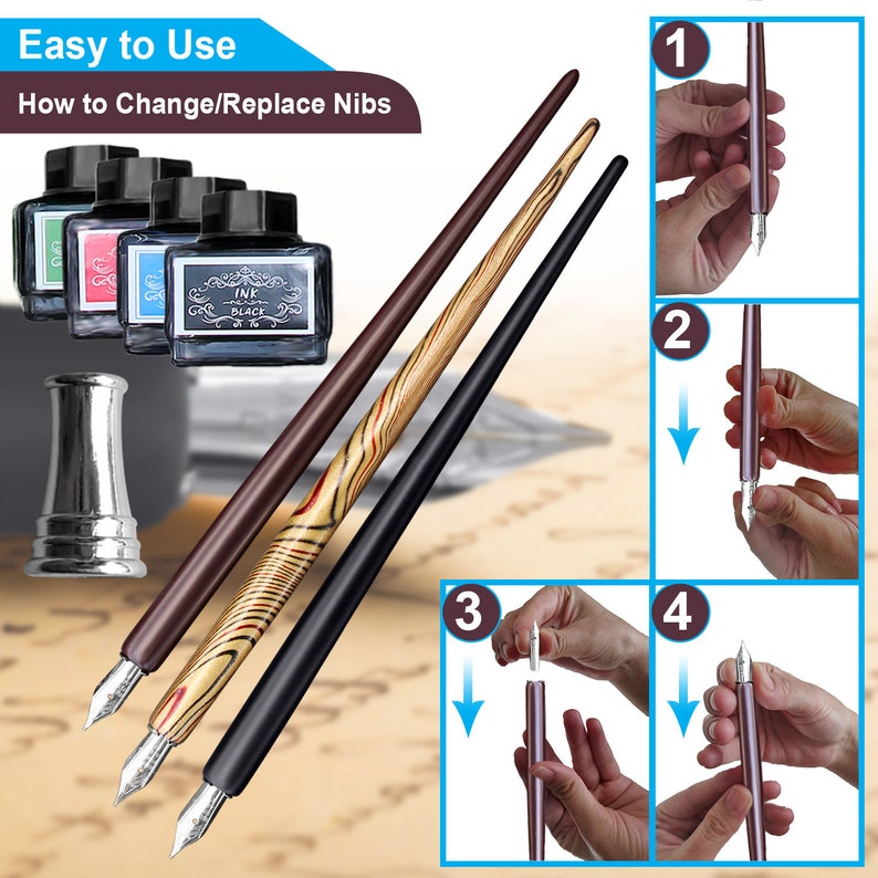 May include: An image showcasing calligraphy pens with ink bottles. The pens have brown, black, and wood-grain handles. The image includes instructions on how to change nibs. The ink bottles are black with labels and come in green, pink, and blue.