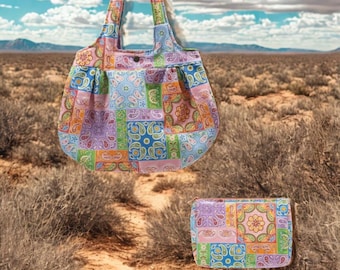 Colorful Patchwork Quilt Handbag and Makeup Bag Set, Made in USA, 100% Cotton, Fully Lined, Machine Washable, Artisan Design
