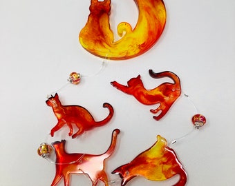 Red/Orange/Yellow Moon Cat Resin Suncatcher 26"
