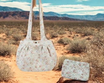Elegant Vintage Floral Handbag & Makeup Bag Set - Handcrafted in USA with 100% Cotton - Great Gift Idea - Delicate Charm - Nature Inspired