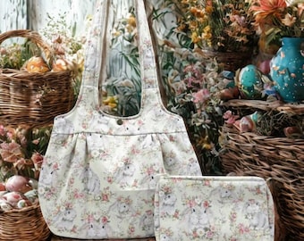 Whimsical Floral Bunny Shoulder Bag and Makeup Bag Set - Handmade in the USA with Quality Cotton Fabric, Perfect for Everyday Use