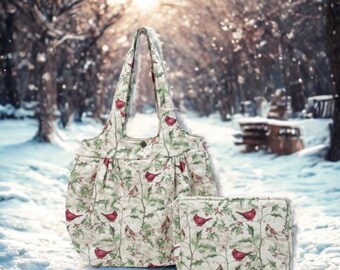 Cardinals and Holly Handbag Set - Winter Print Matching Purse and Makeup Bag - USA Made 100% Cotton - Holiday Gift Idea