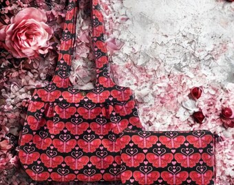 Valentine Butterfly Handbag & Makeup Bag Set - Handmade in USA, Red - Pink Print, Matching Fabric Lining, Durable Design, Machine Washable