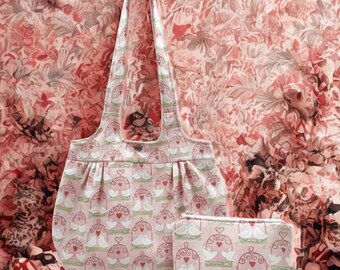 Love Birds Handmade Shoulder Bag and Makeup Bag Set - USA Made, Whimsical Print, 100% Cotton Fabric, High Quality Craftsmanship, Matching