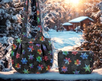 Snowflakes On Black Shoulder Bag Set