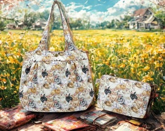 Whimsical Bunny Print Handbag and Makeup Bag Set - Made in USA - High-Quality Cotton with Floral Accents - Great Gift for Animal Lovers