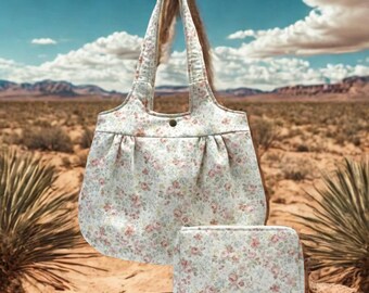Delicate Vintage Floral Handbag and Makeup Bag Set - Made in the USA with 100% Cotton, Artisan Crafted, Fully Lined, Structured Design