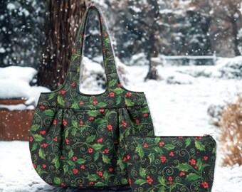 Festive Holly Christmas Handbag & Makeup Bag Set - Handcrafted in the USA with Premium Materials and Durable Design